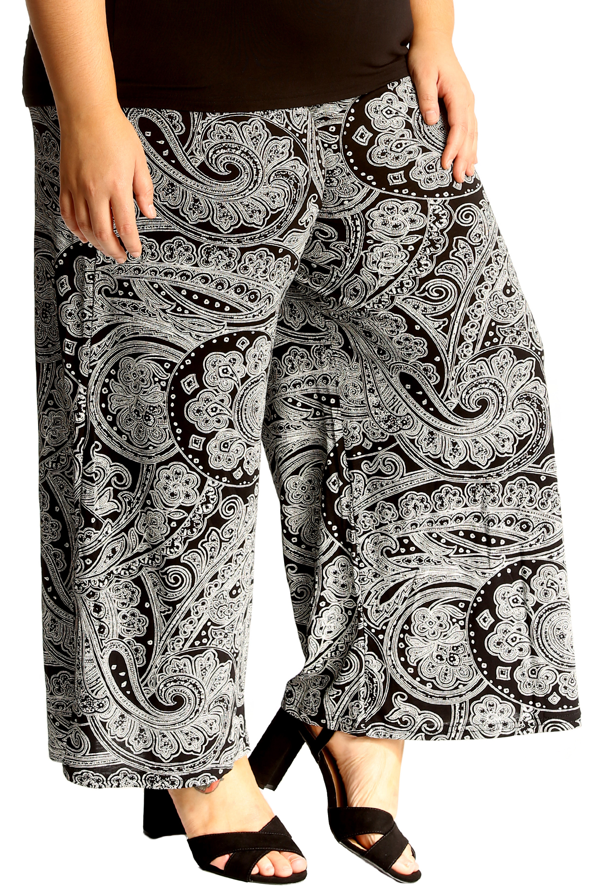 Ladies Floral Baroque Scarf Print Wide Flared Leg Palazzo Women Novelty Trousers