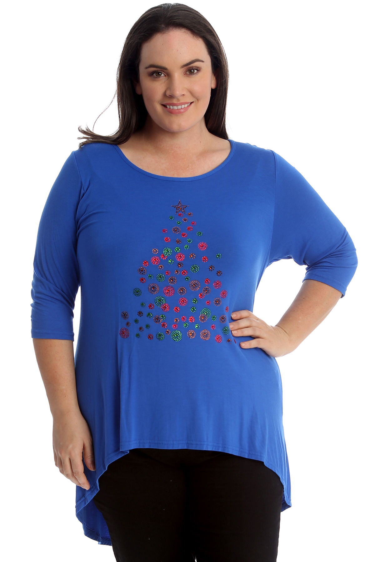 Ladies Top Plus Size Studded Womens Christmas Xmas Tree Dip Hem Shirt