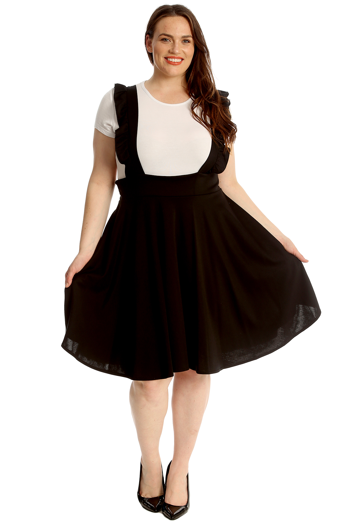 New Womens Plus Size Dungaree Dress Ladies Plain Black Frill Straps Knee Dress | eBay
