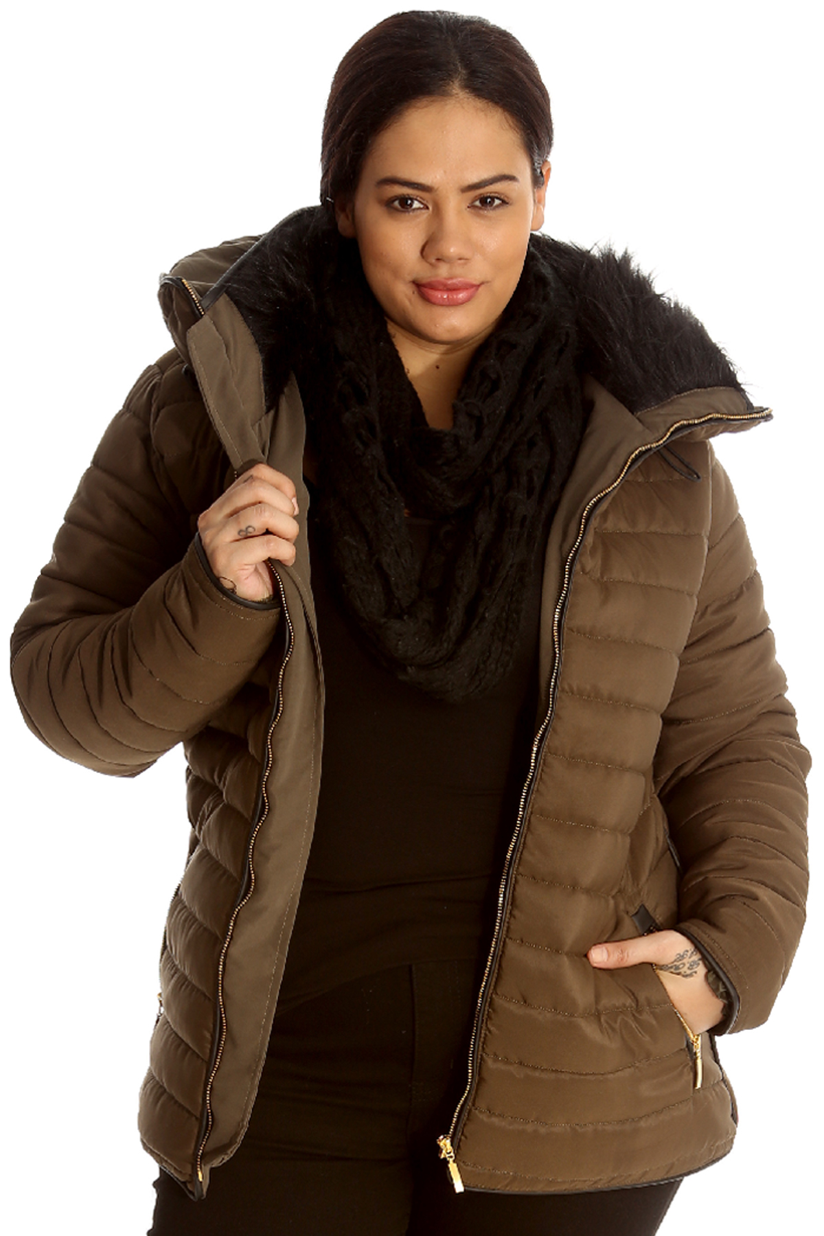 New Womens Jacket Plus Size Ladies Quilted Hooded Padded Heavy Warm Zip Faux Fur