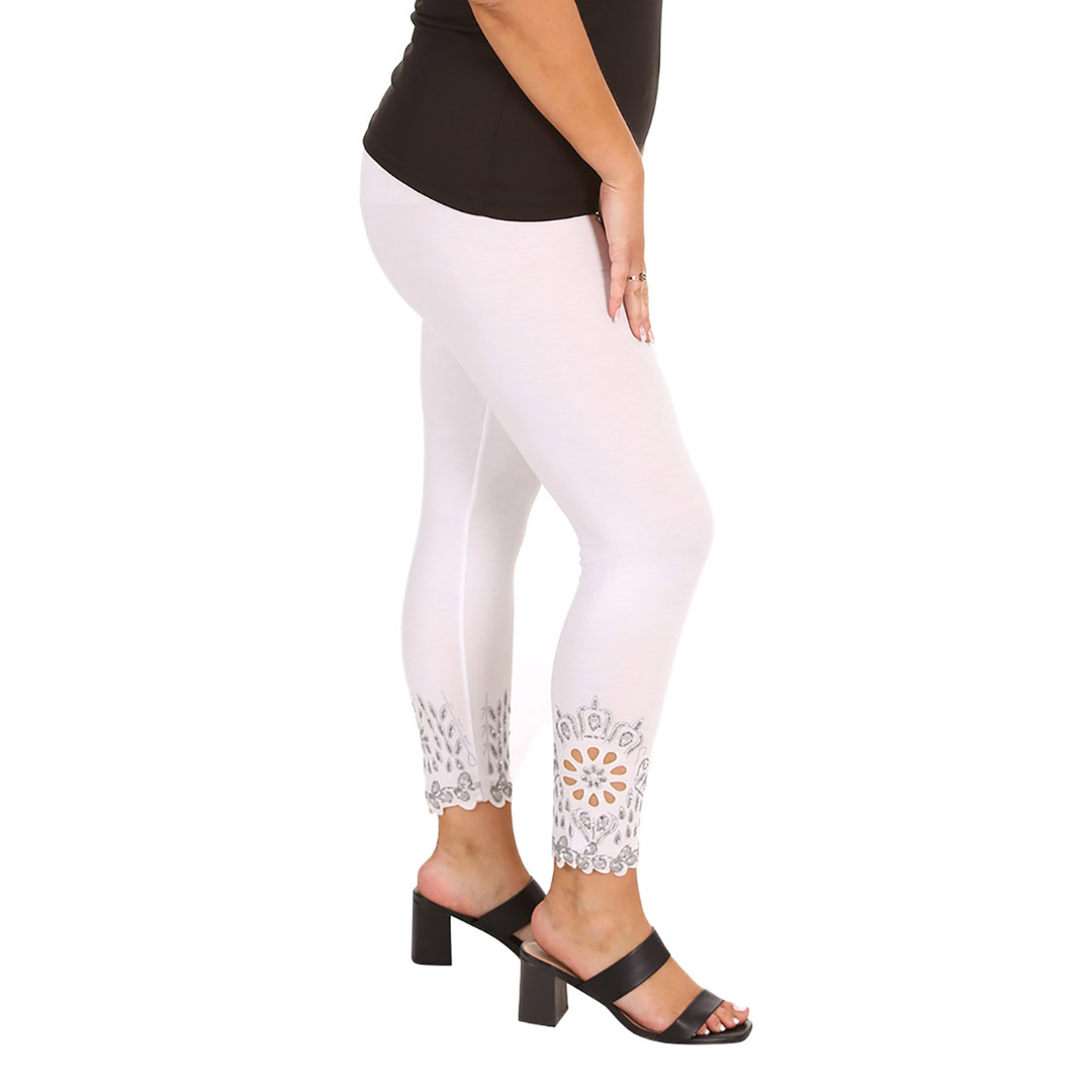 New Womens Plus Size Leggings Laser Cut Sequin Full Length Elastic Waist Cutout