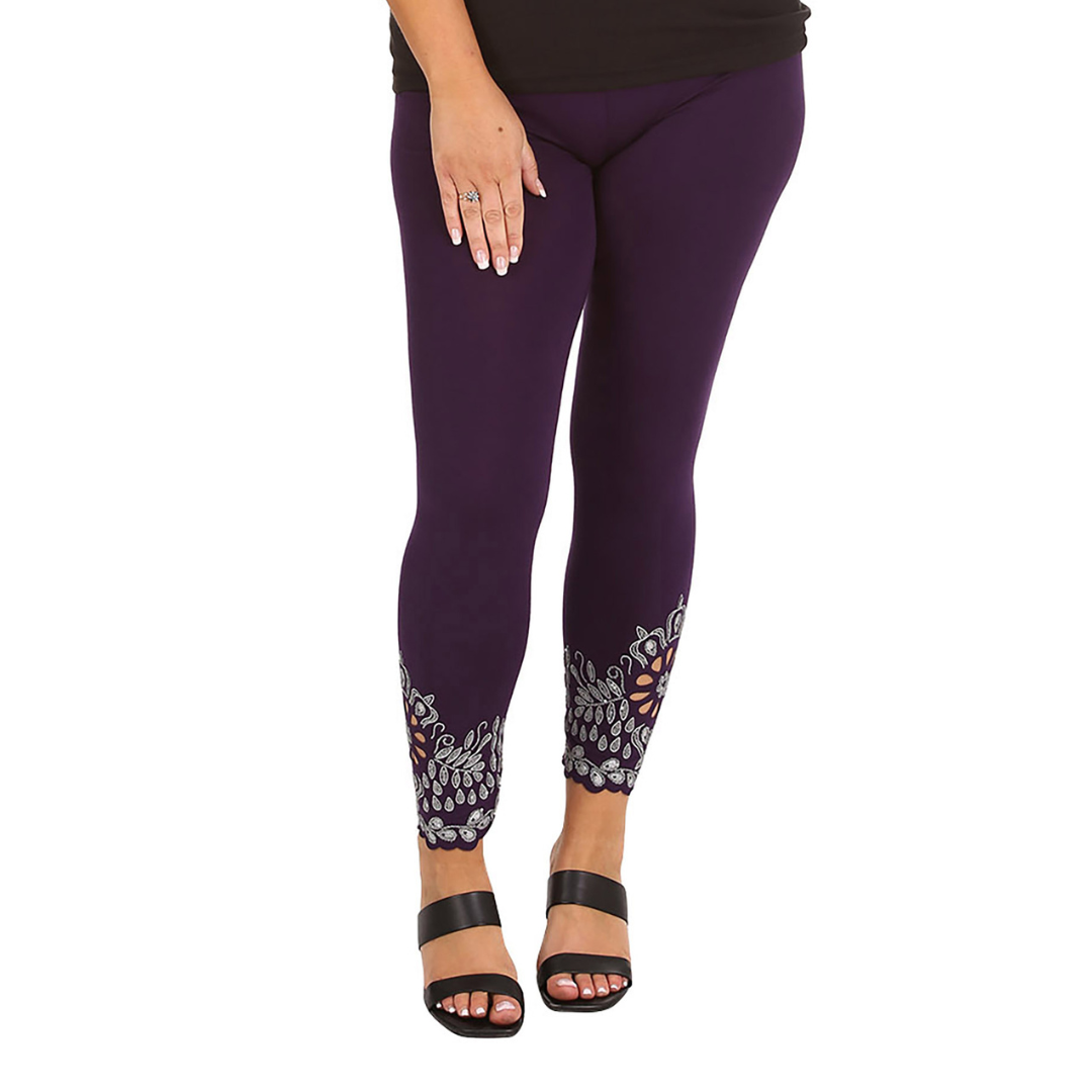 New Womens Plus Size Leggings Laser Cut Sequin Full Length Elastic Waist Cutout - Picture 10 of 31