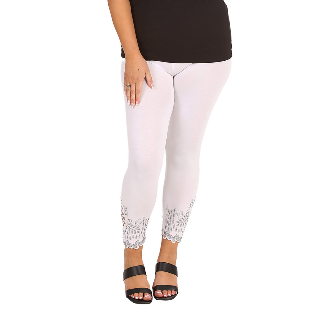 New Womens Plus Size Leggings Laser Cut Sequin Full Length Elastic Waist Cutout - Picture 19 of 31