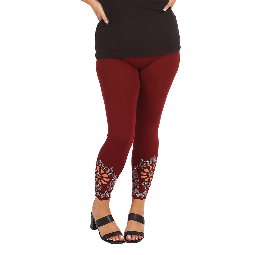 New Womens Plus Size Leggings Laser Cut Sequin Full Length Elastic Waist Cutout - Picture 29 of 31