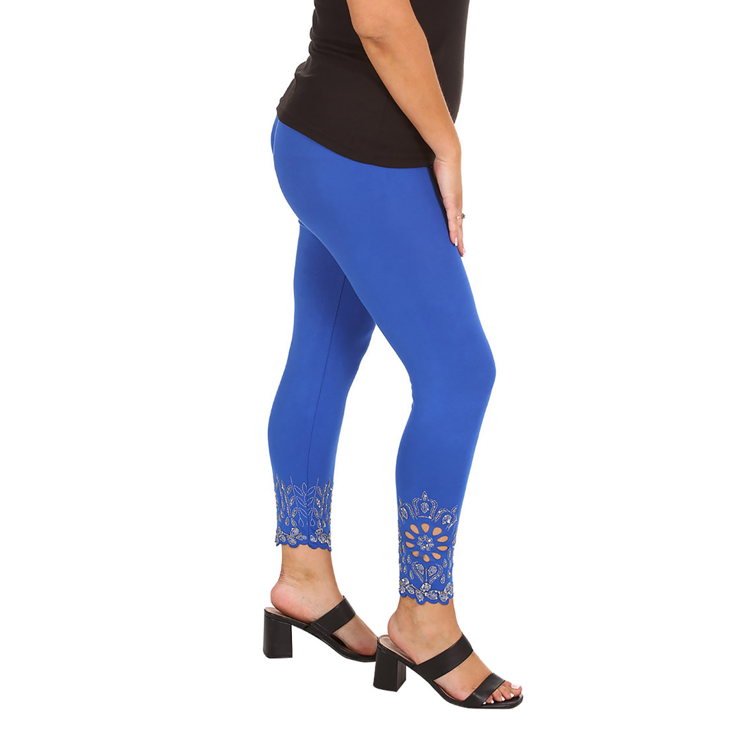 New Womens Plus Size Leggings Laser Cut Sequin Full Length Elastic Waist Cutout - Picture 27 of 31