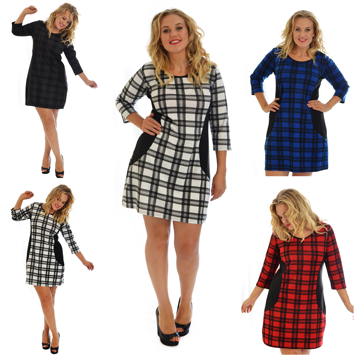 New Womens Dress Plus Size Tartan Ladies Bodycon Check Midi Scottish Nouvelle