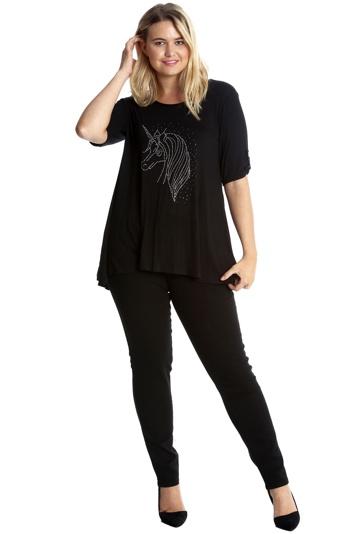 Neues Frauen Hemd Übergröße Einhorn 2 Knopf-T-Shirt Damen Straßsteine Nouvelle