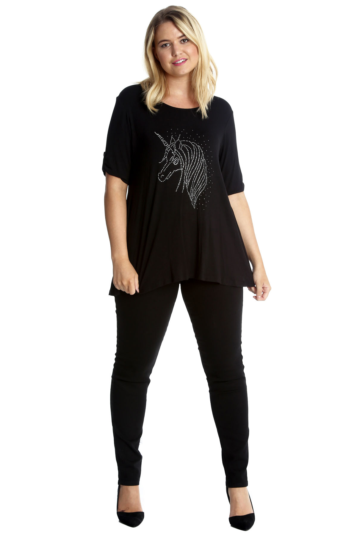 Neues Frauen Hemd Übergröße Einhorn 2 Knopf-T-Shirt Damen Straßsteine Nouvelle