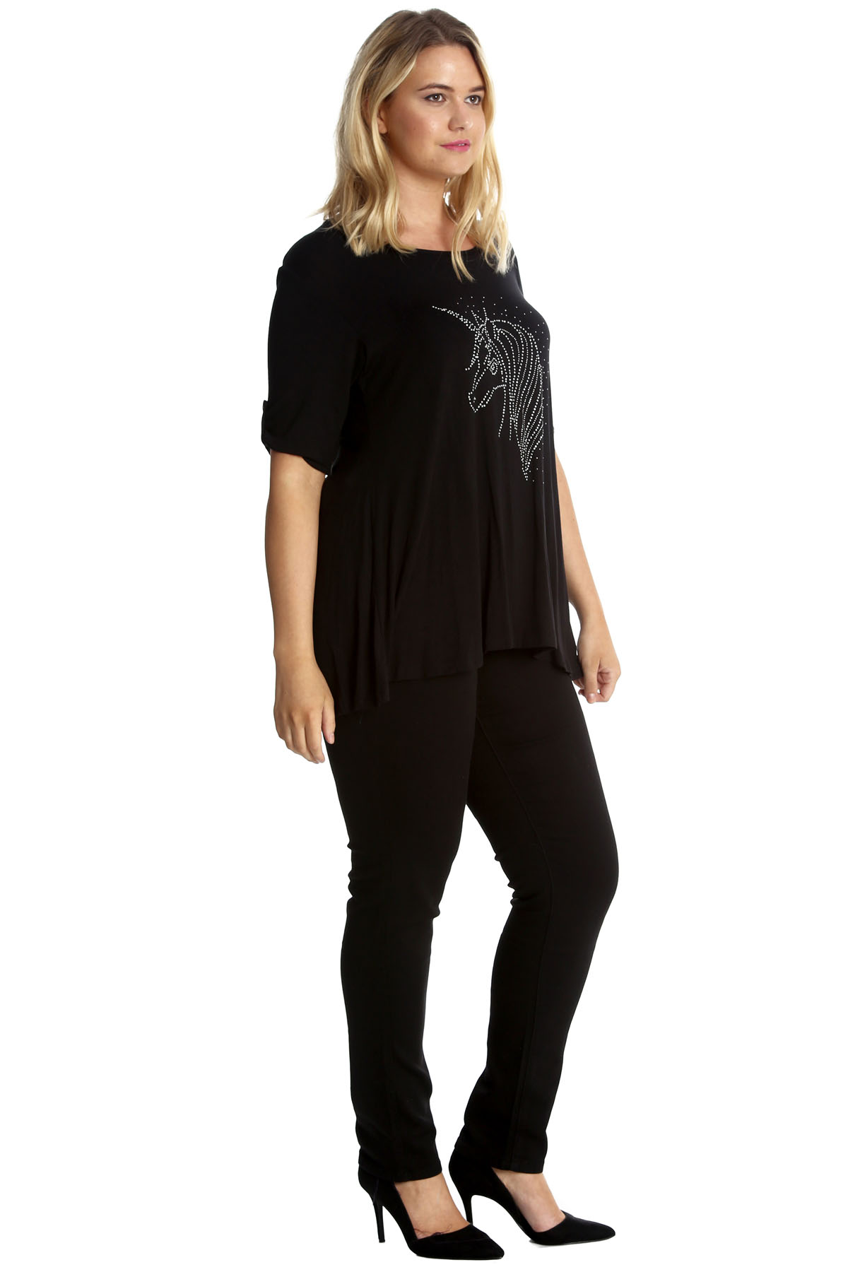 Neues Frauen Hemd Übergröße Einhorn 2 Knopf-T-Shirt Damen Straßsteine Nouvelle