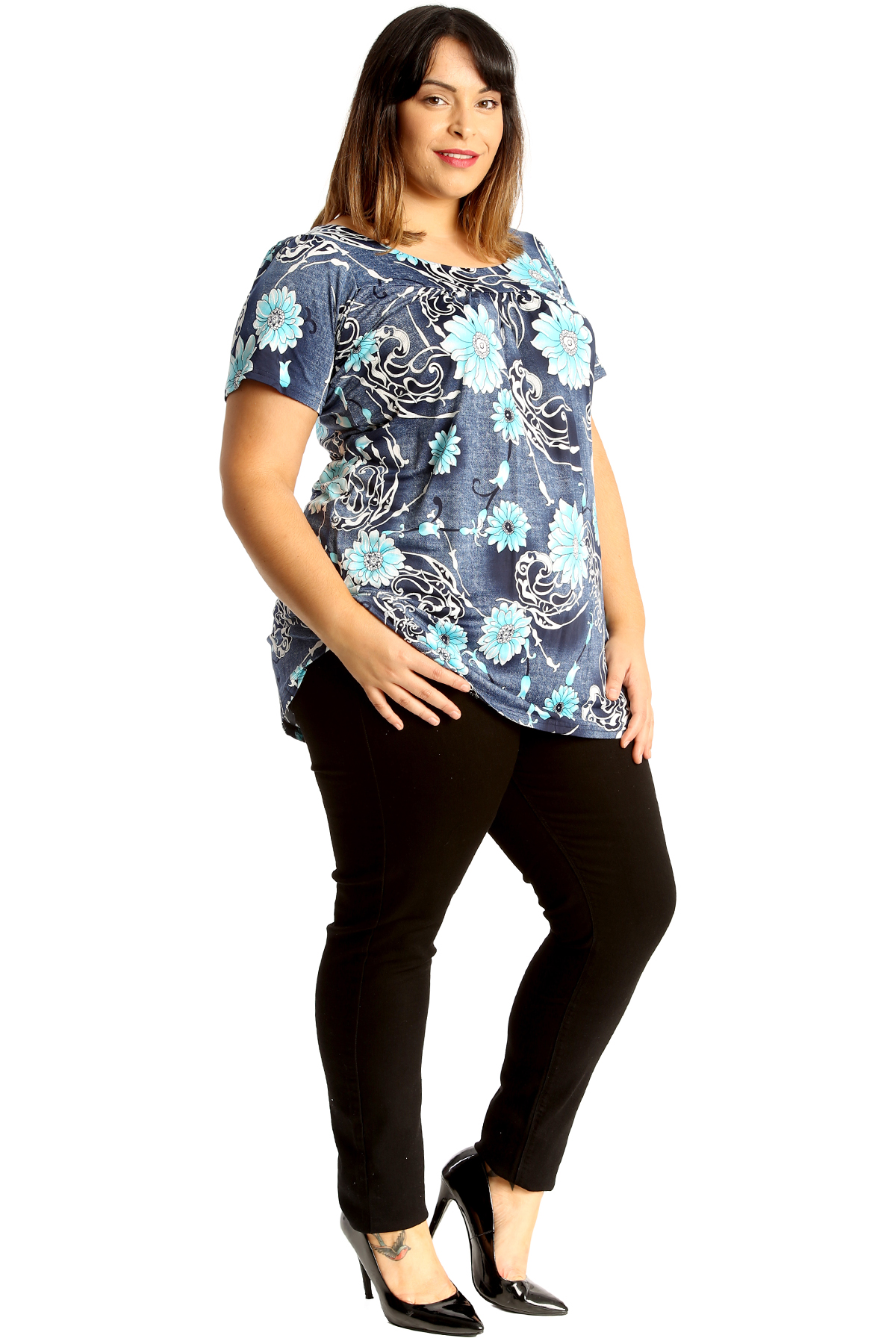 New Womens Plus Size Top Ladies Floral Print Smock Tunic Shirt Denim ...