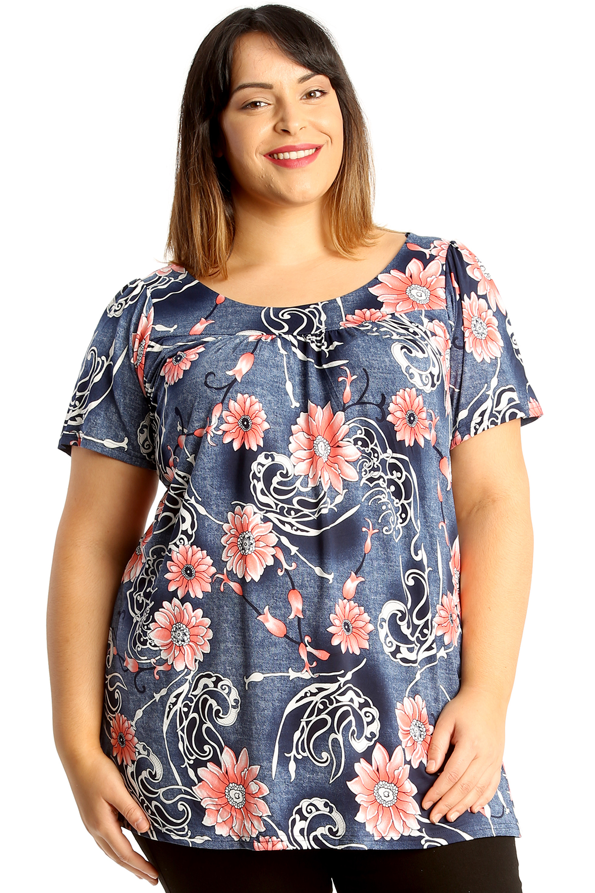 New Womens Plus Size Top Ladies Floral Print Smock Tunic Shirt Denim Paisley