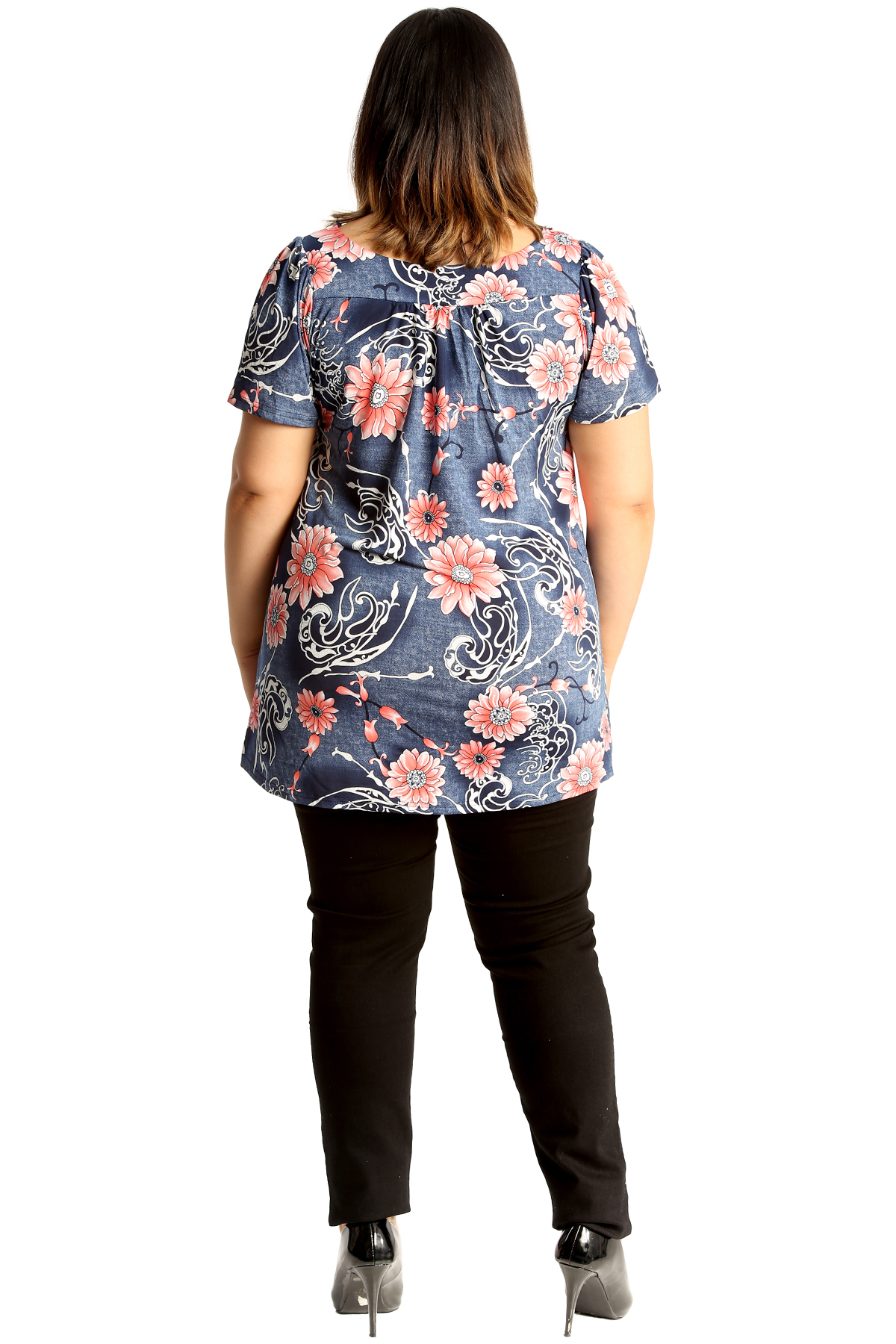 New Womens Plus Size Top Ladies Floral Print Smock Tunic Shirt Denim Paisley