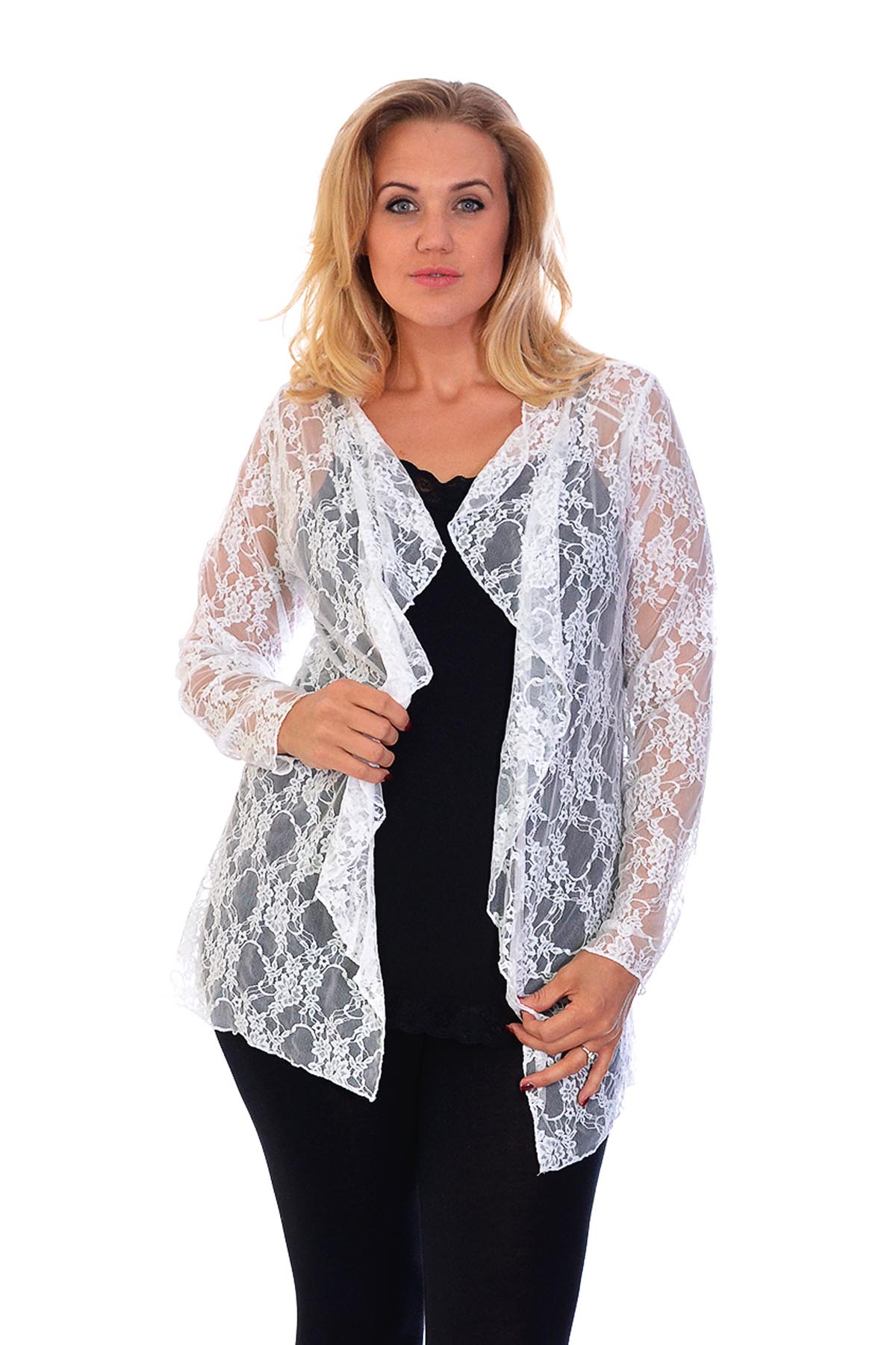 New Womens Plus Size Cardigan Floral Lace Long Sleeve Waterfall Frill ...
