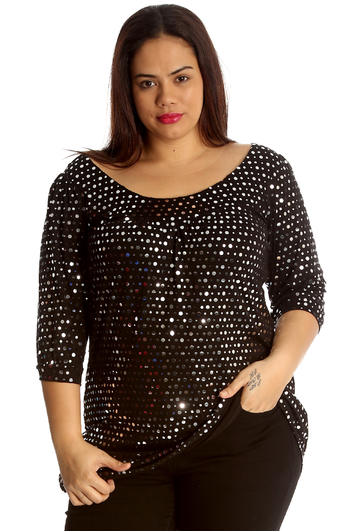 Ladies Plus Size Top Womens Polka Sequin Dot Foil Glitter Party Shirt ...