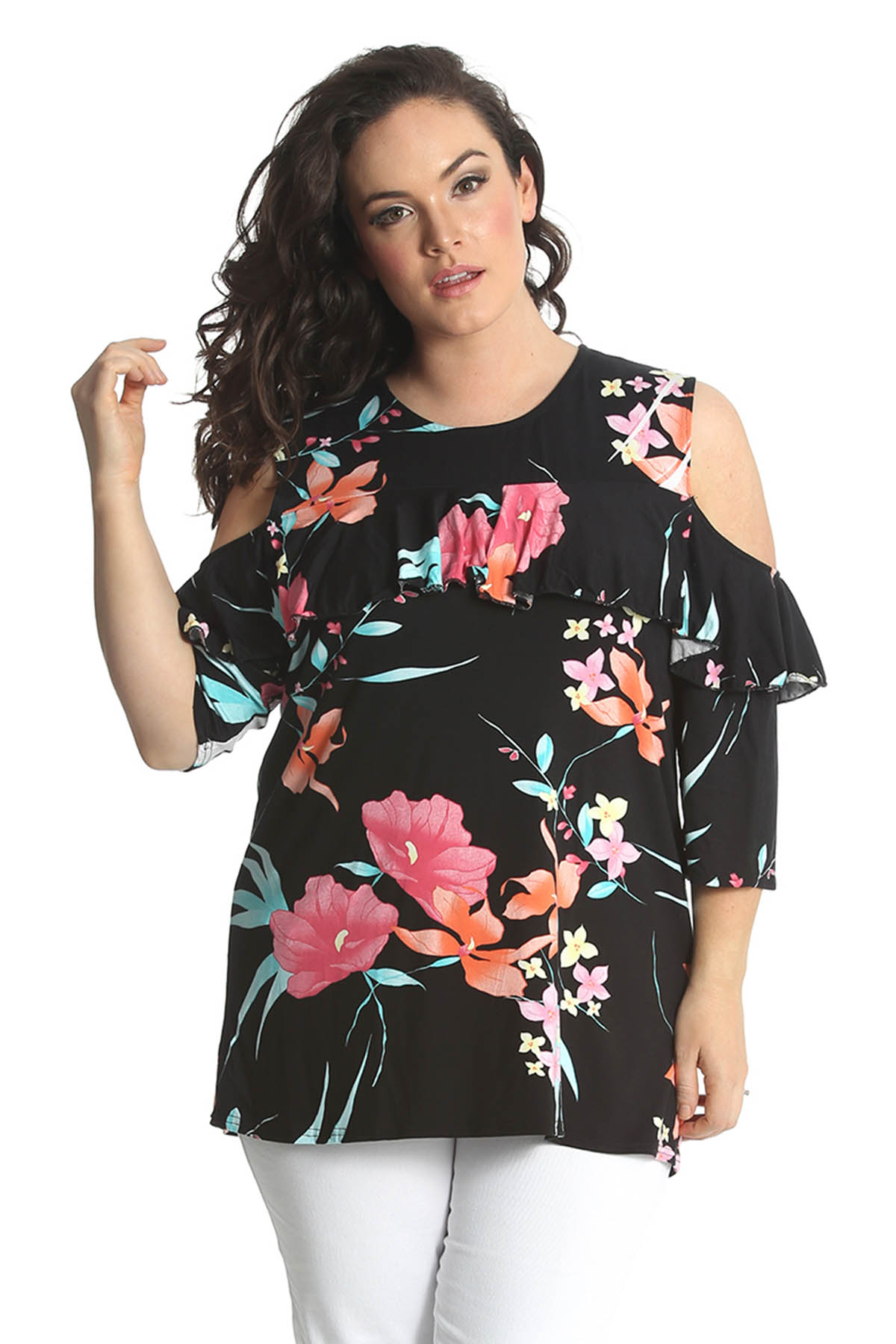 New Womens Plus Size Top Floral Print Ladies Tunic Frill Cold Shoulder ...