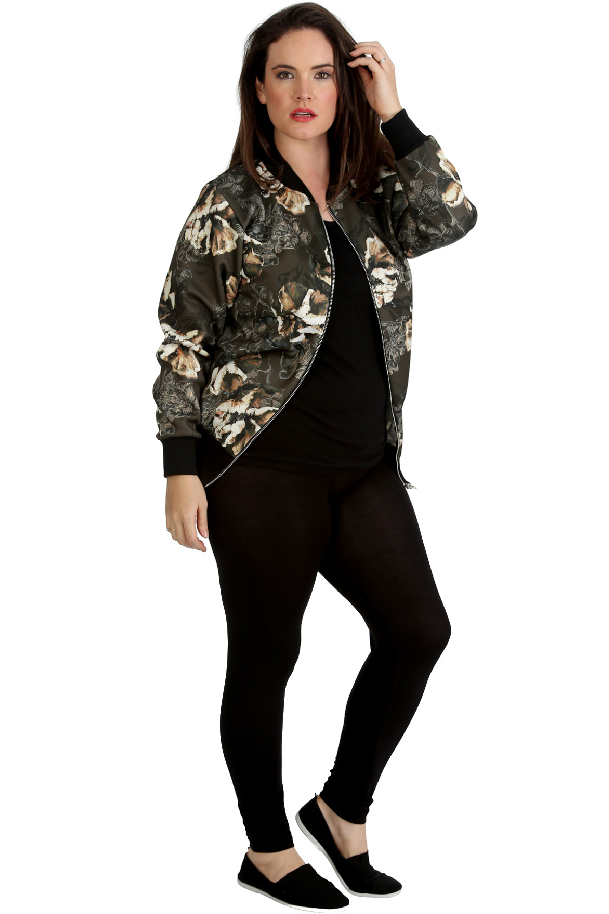 New Ladies Plus Size Bomber Jacket Womens Abstract Floral Print Soft Sale Ribbed