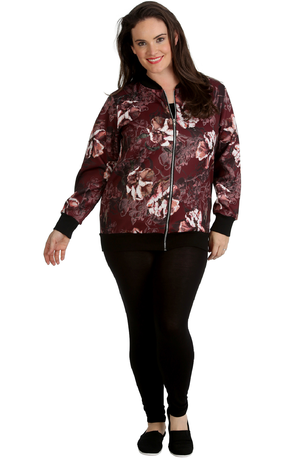 New Ladies Plus Size Bomber Jacket Womens Abstract Floral Print Soft Sale Ribbed