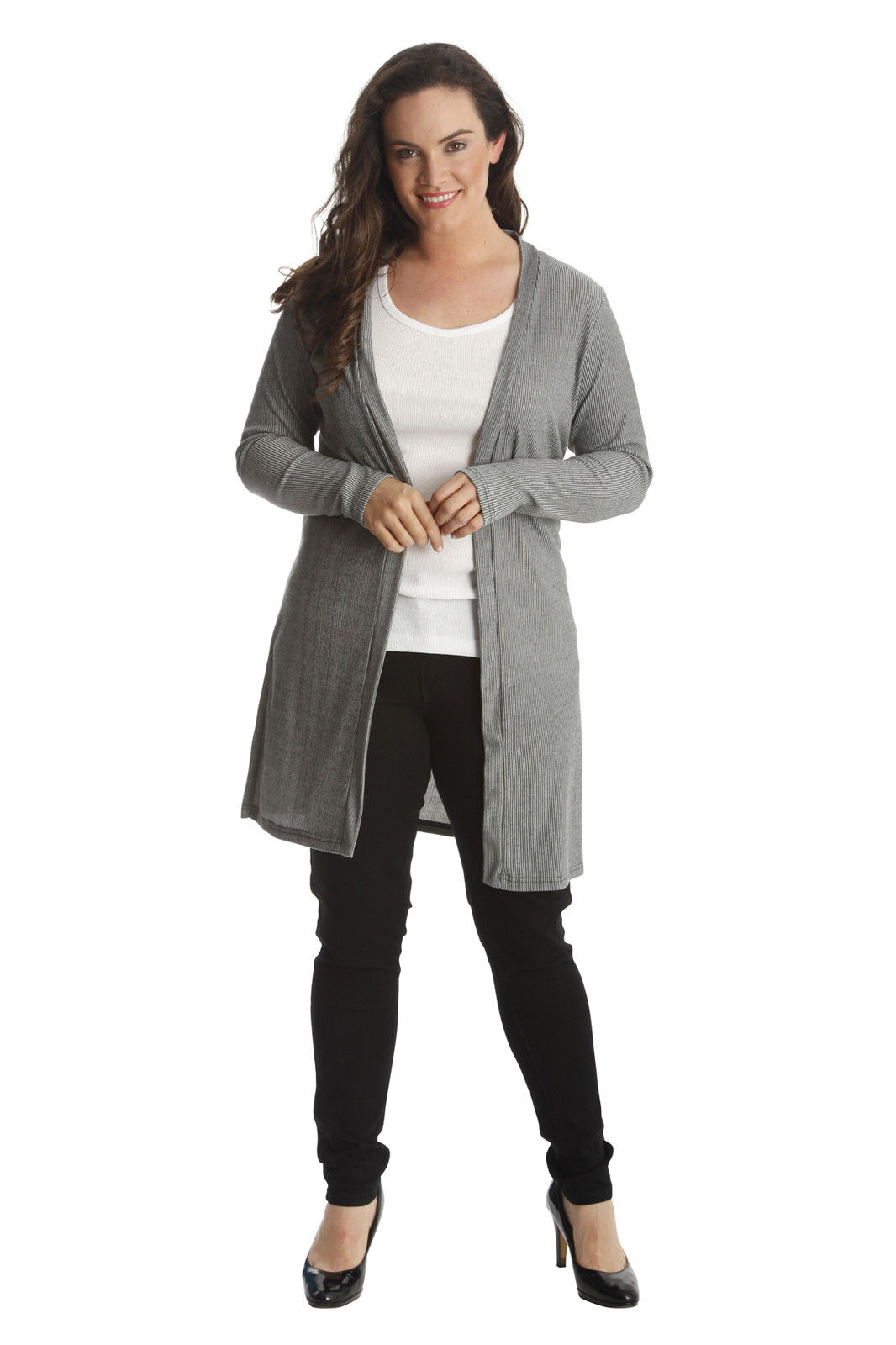 New ladies Cardigan Open Front Ribbed Top Slit Cotton Womens Plus Size ...