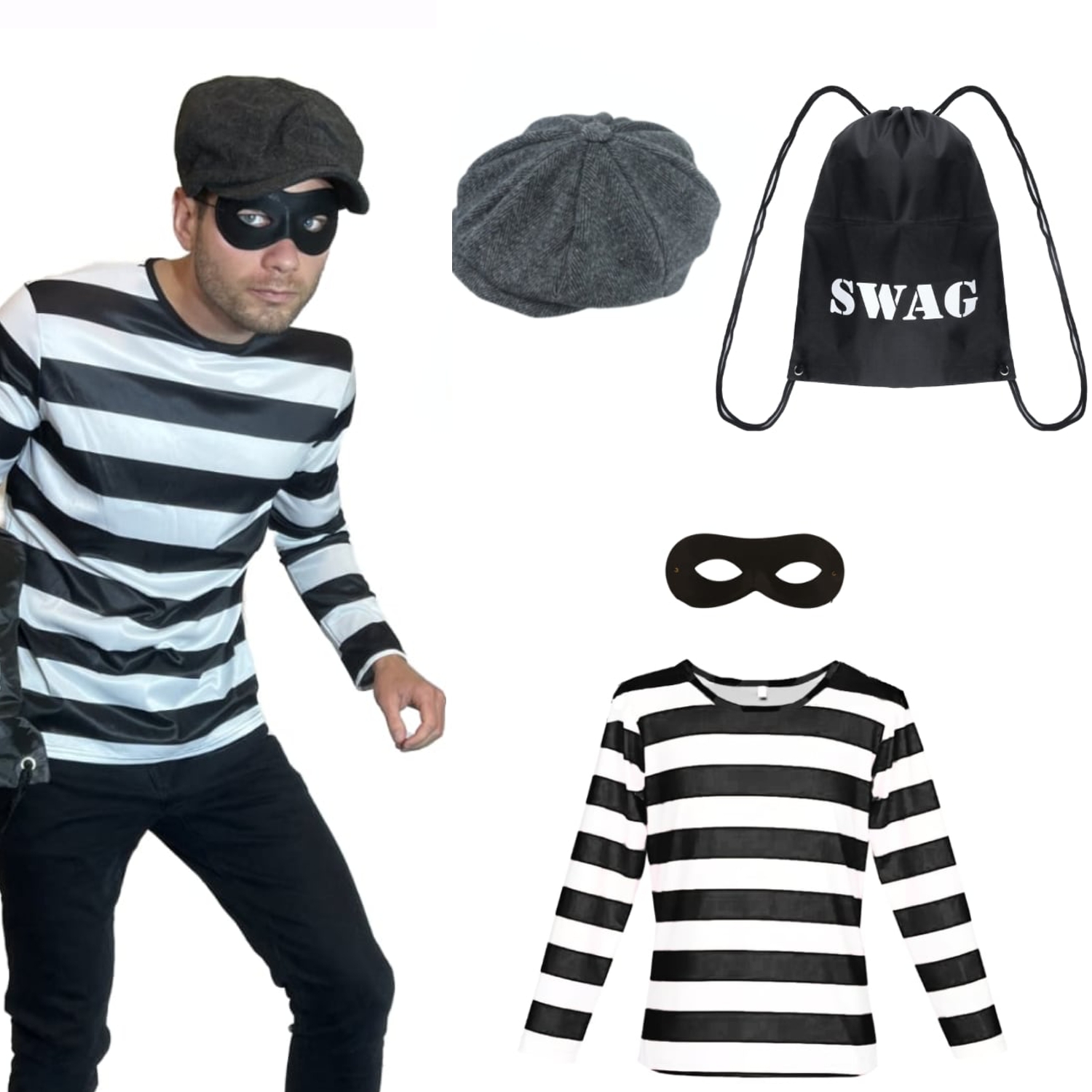Kids Robber Costume Set - Black & White Striped Outfit With Hat, Gloves, Mask & Bag For Halloween & Cosplay