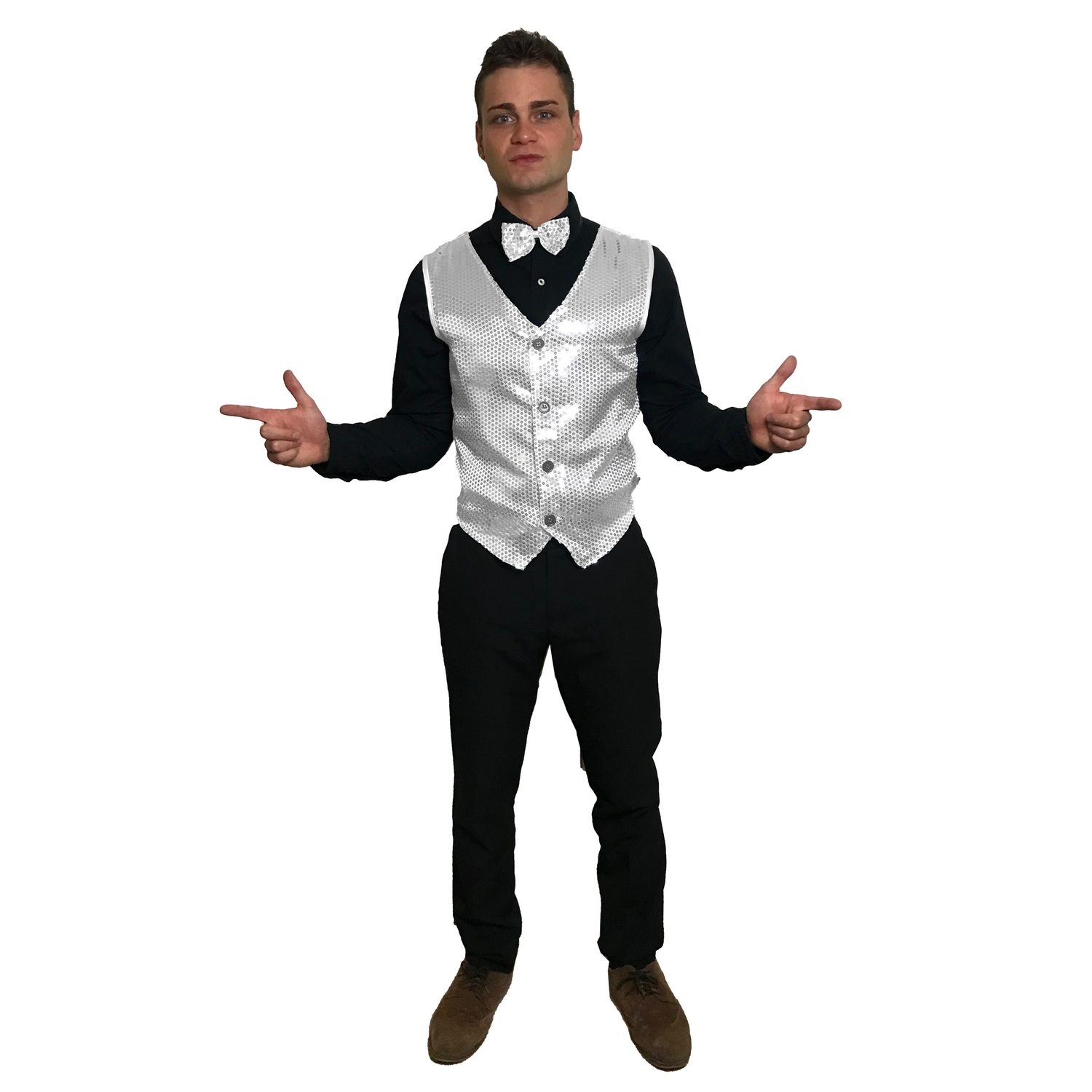 Men Button Vest Glitter Sequin Waistcoat Business Party Dress Suit Vest&Bow Tie 