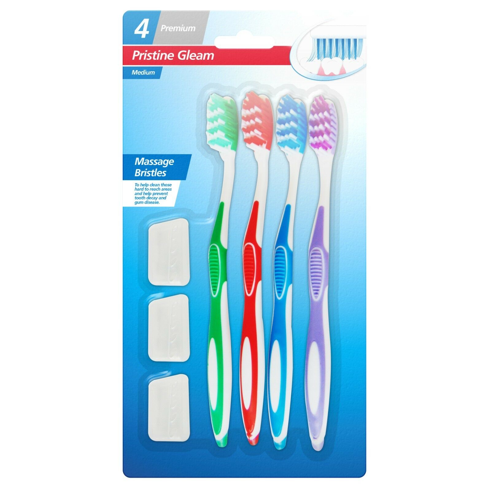 4pk Toothbrushes With 3 Travel Covers Nylon Bristles Soft Grip Medium ...