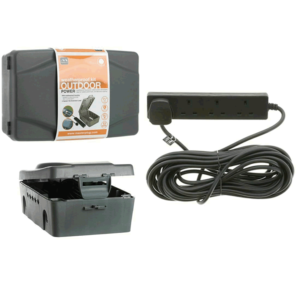 Weatherproof Wall Mounted Box in Grey With 10 Metre 4 Gang Socket Black Extension Lead