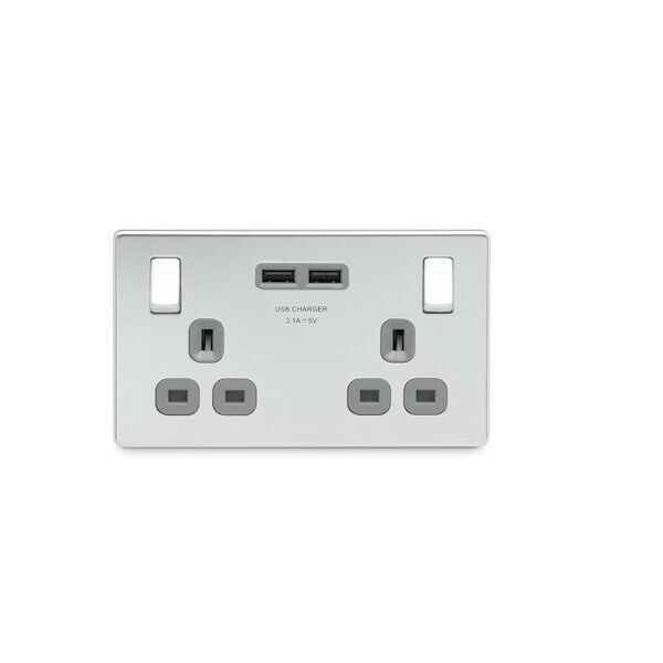 2 Gang Socket 2 Usb Ports Uk Mains Plug In Polished Chrome Switched Nexus – Jf443Pc