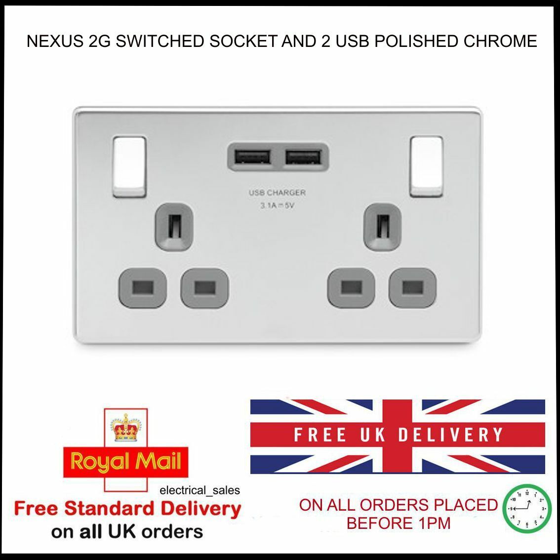 2 Gang Socket 2 Usb Ports Uk Mains Plug In Polished Chrome Switched Nexus – Jf443Pc