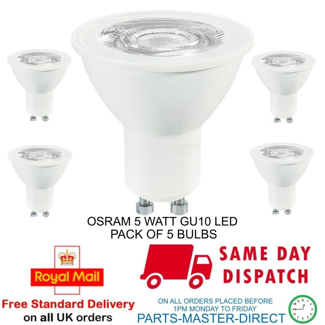 Osram 5 Watt Cool White Gu10 Led Light Bulb Lamp 4000K A+ Energy Rated – 5 Pack –