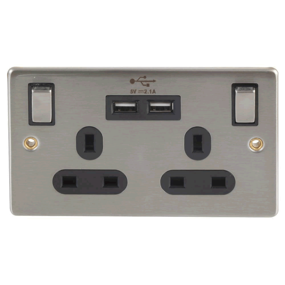 13A Wall Socket, a Twin 3 Pin Plug Outlet With 2 USB Outlets, Switched Each End