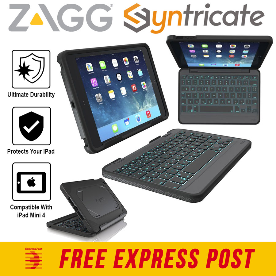 ZAGG RUGGED BOOK BLUETOOTH DETACHABLE BACKLIT KEYBOARD FOR iPAD MINI 4