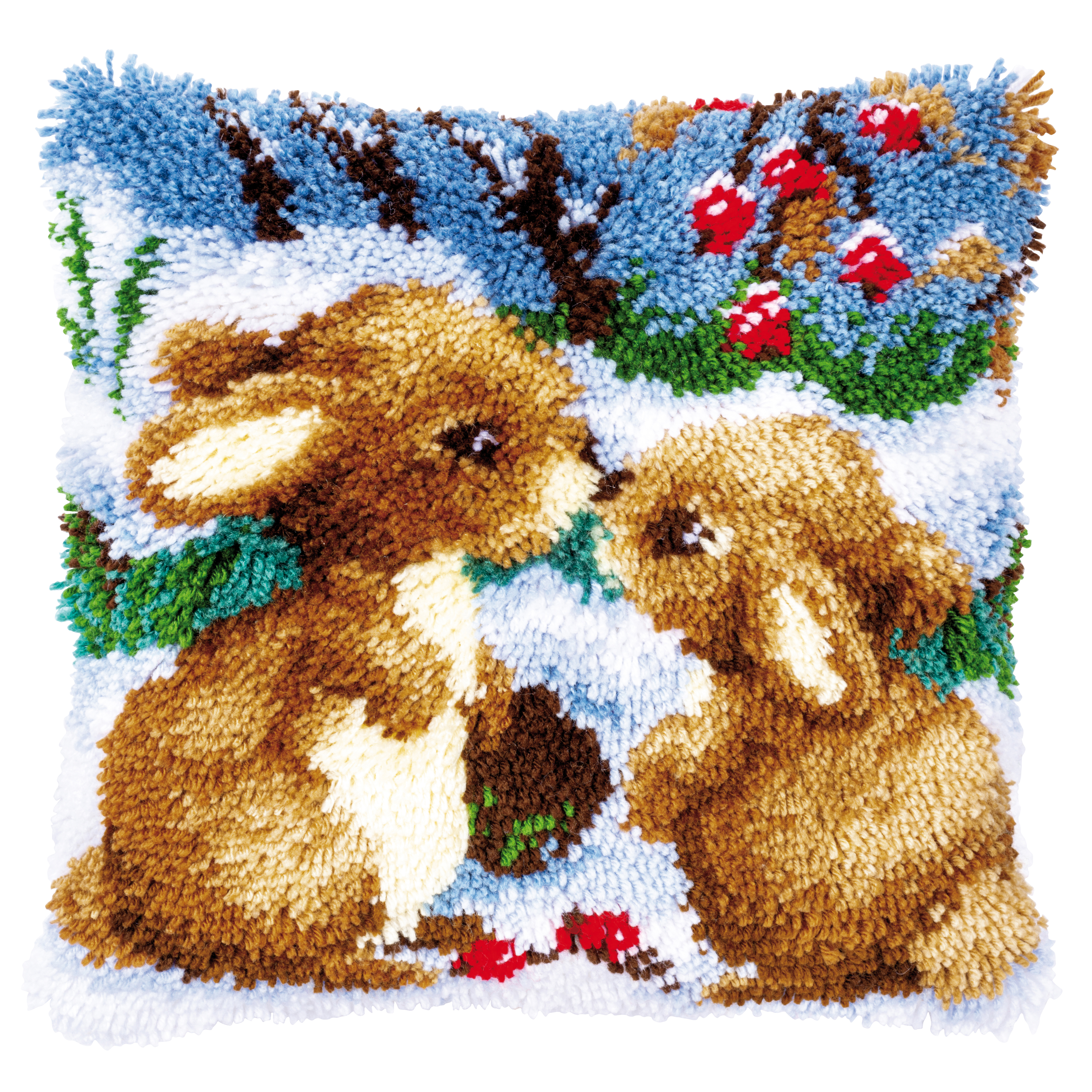 Vervaco Latch Hook Kit Cushion Snow Rabbits - Picture 1 of 1