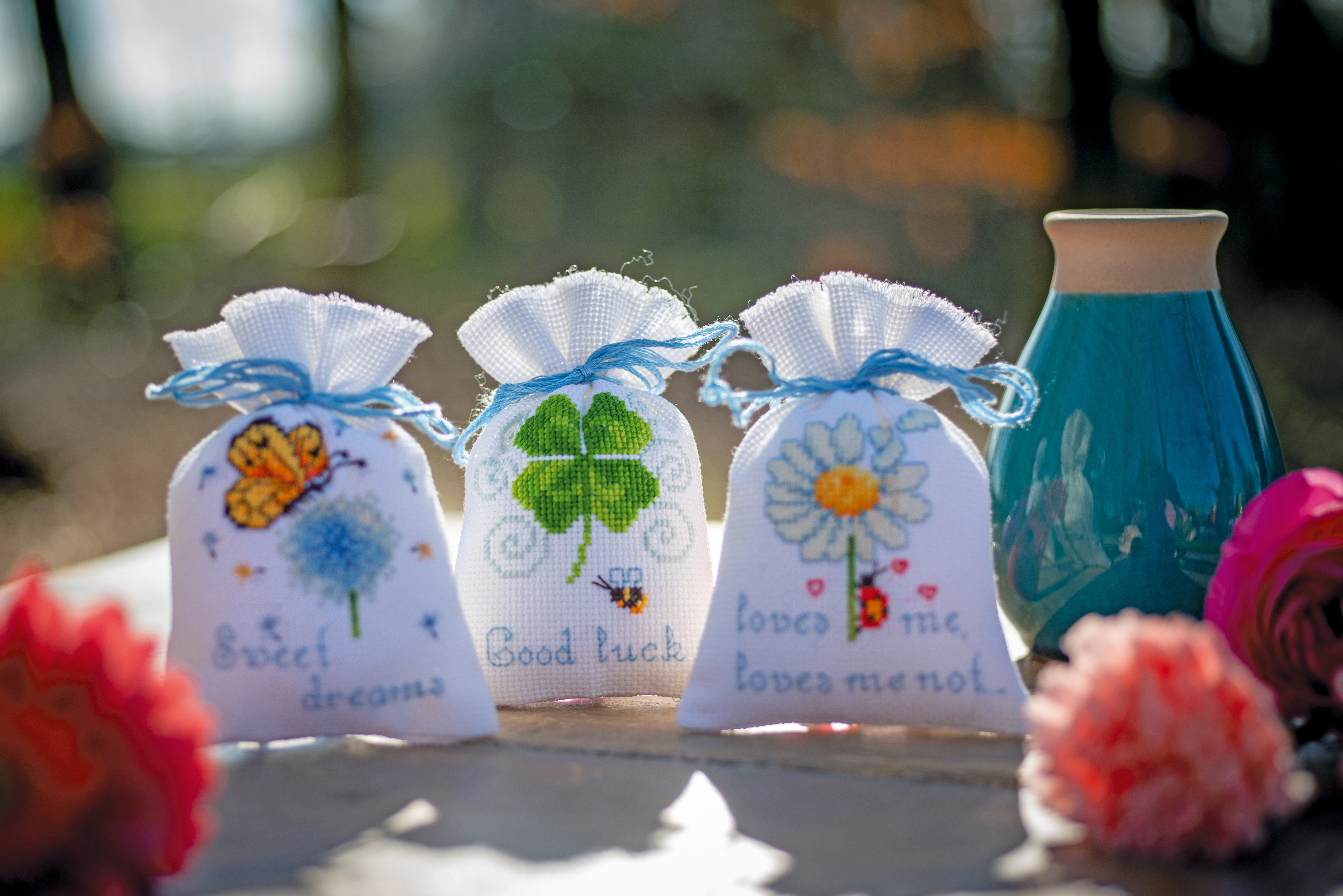 Vervaco herbal bags counted cross stitch kit ""Wishes"" Set of 3, 8x12cm, DIY - Image 3