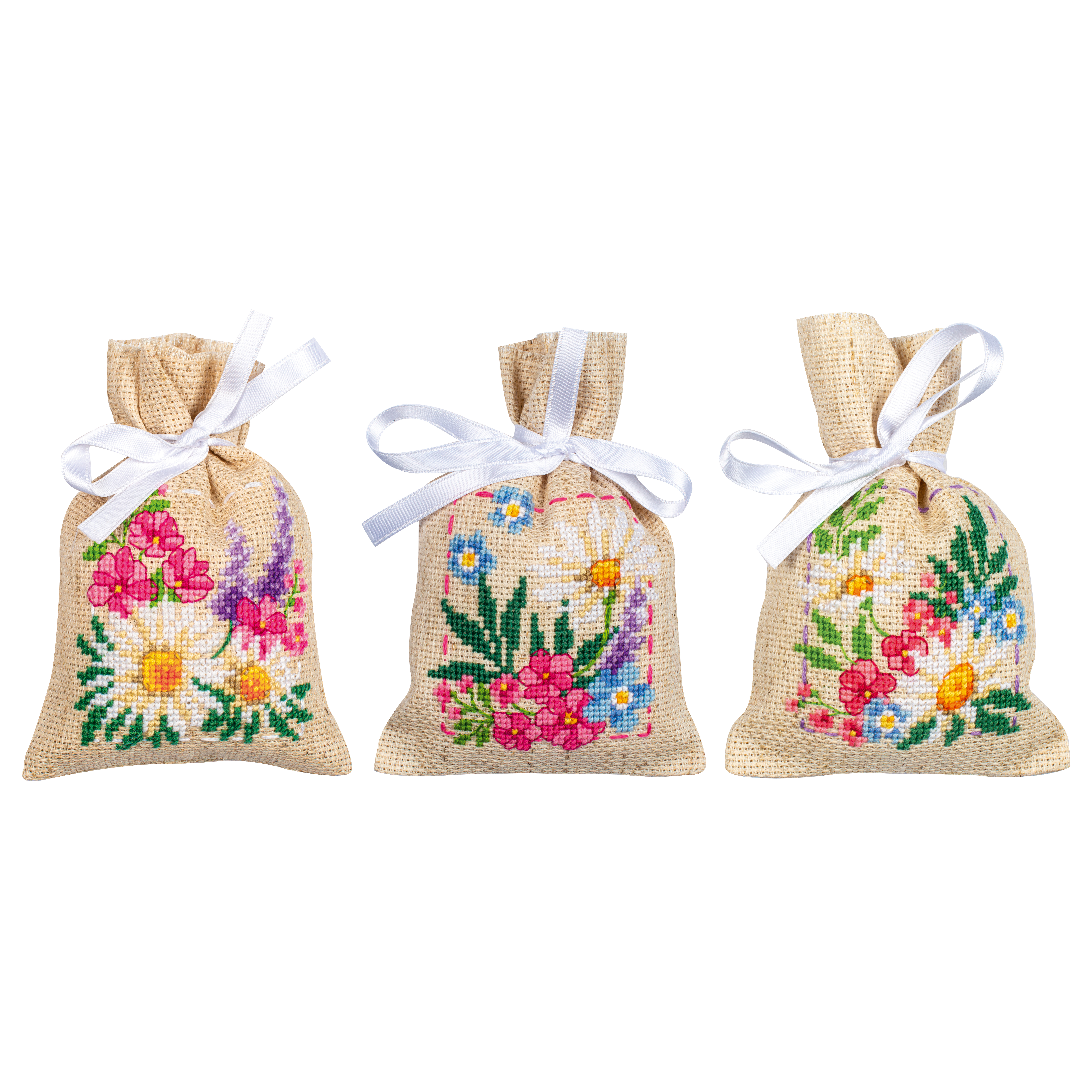 Vervaco Counted Cross Stitch Kit: Gift Bags: Spring Flowers: Set of 3 - Picture 1 of 1