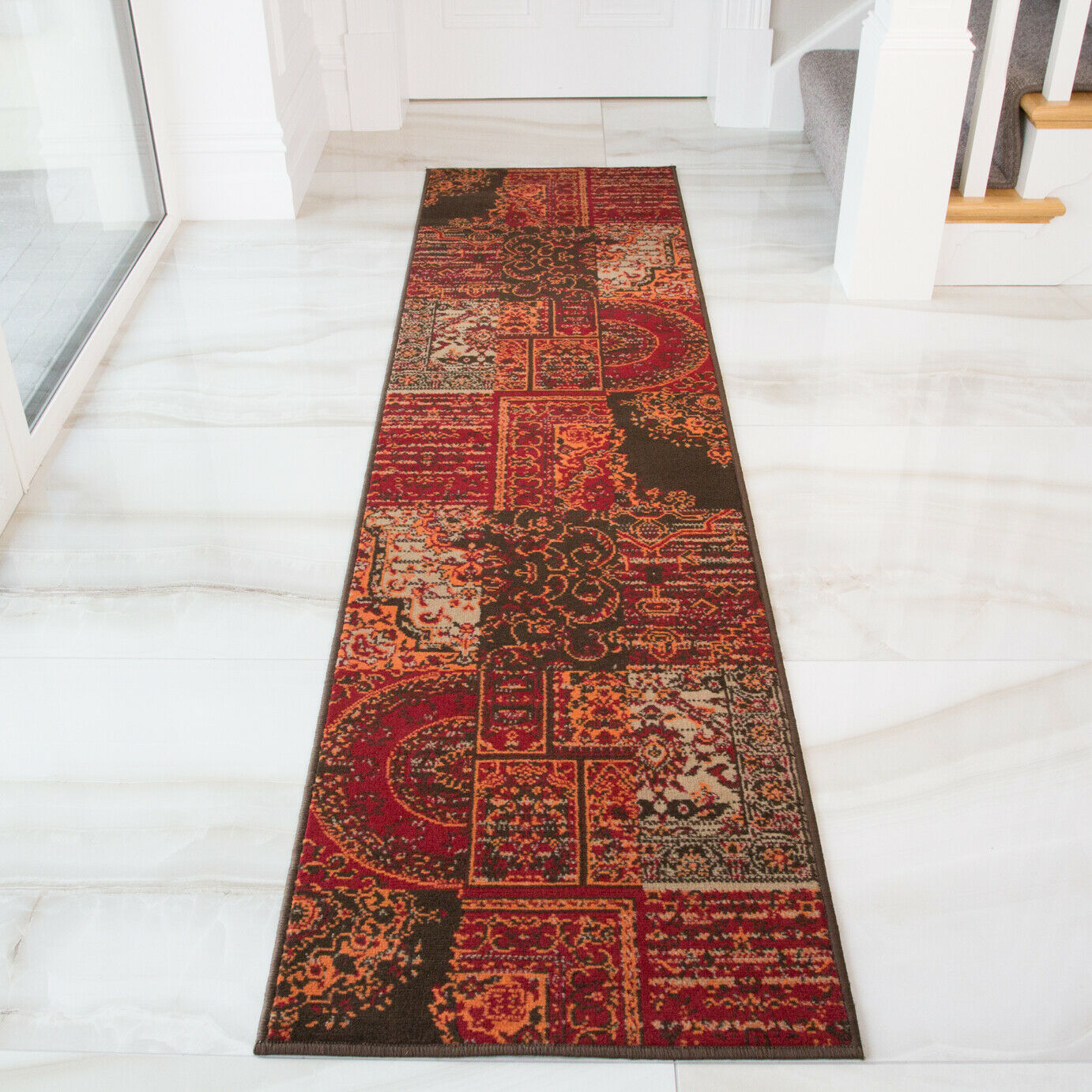 Warm Red Orange Grey Patchwork Rugs Traditional Rug Cosy Modern Large Area Mats - Picture 25 of 25