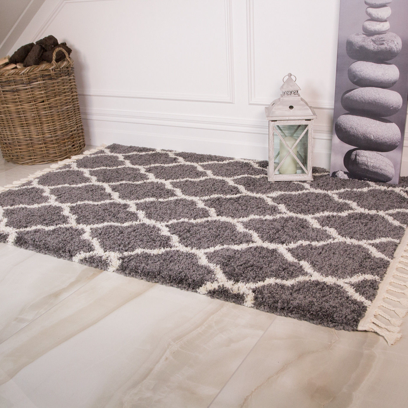 Soft Charcoal Grey Trellis Shaggy Rug Cosy Furry Thick Non Shed Living