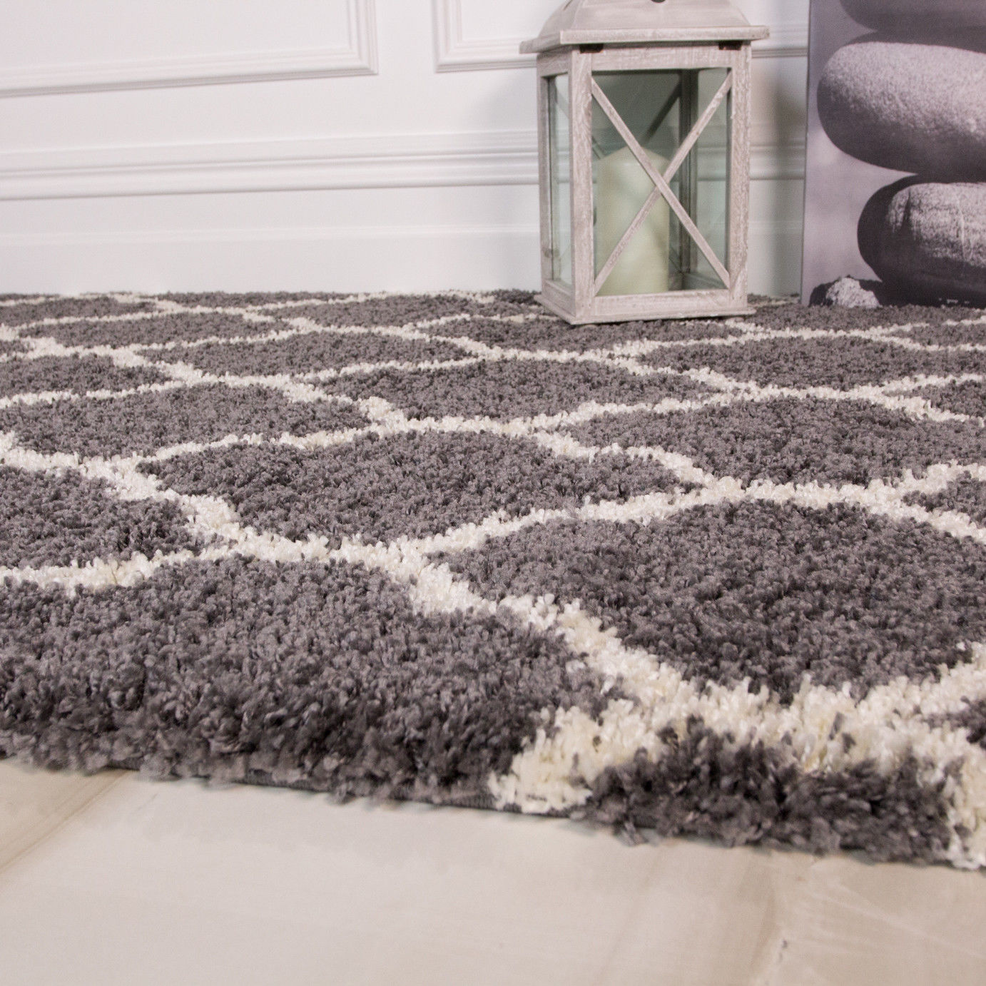 Soft Charcoal Grey Trellis Shaggy Rug Cosy Furry Thick Non Shed Living
