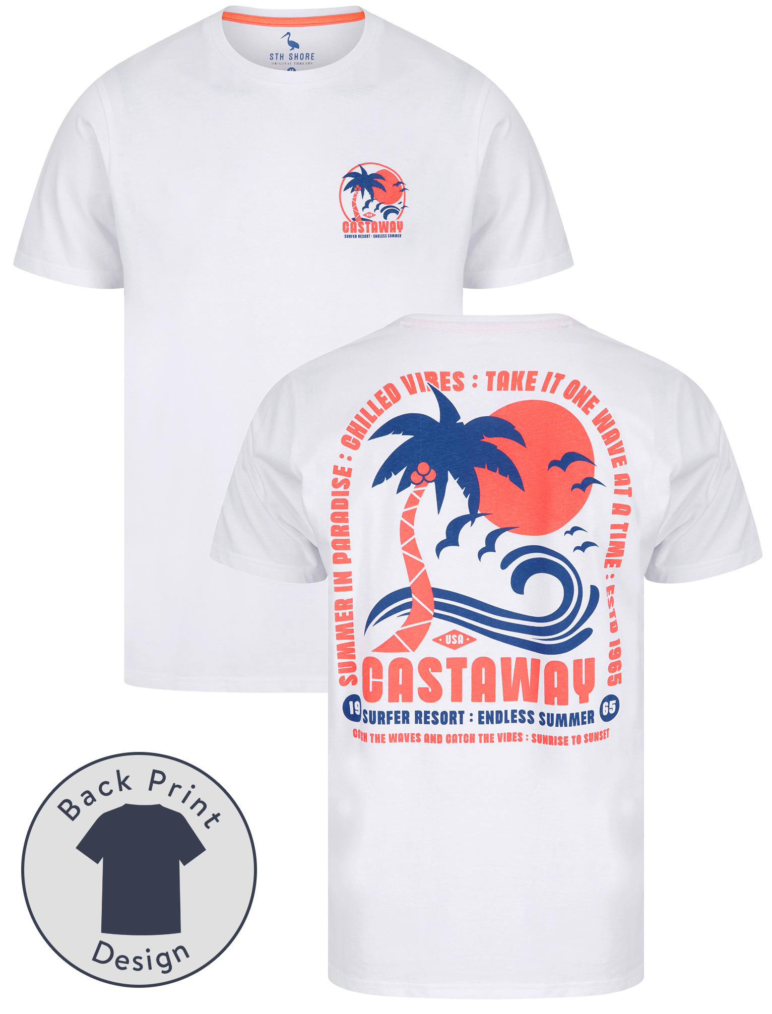 Men's Cotton T-Shirt Vintage Retro Back Print Surf Beach Summer Holiday Tee  Top
