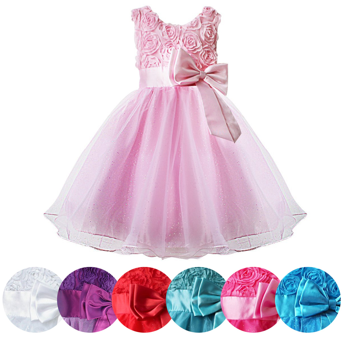 Girls 3D Effect Flower Sleeveless Formal Party Dress Wedding Bridesmaid ...