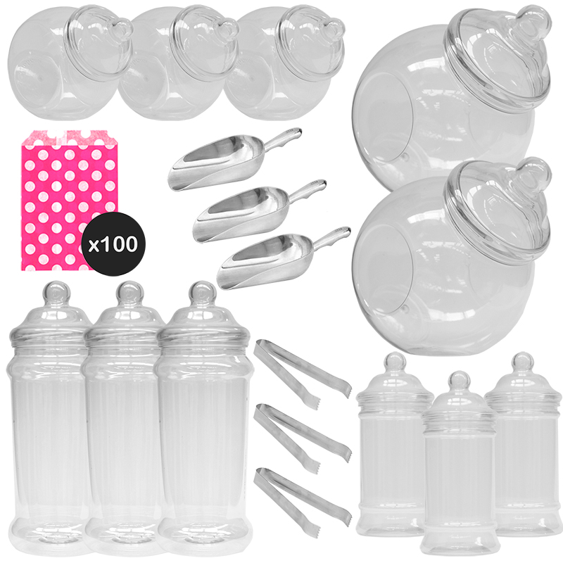 11 Retro Plastic Sweet Jar Candy Buffet Wedding Party Kit Scoops Tongs