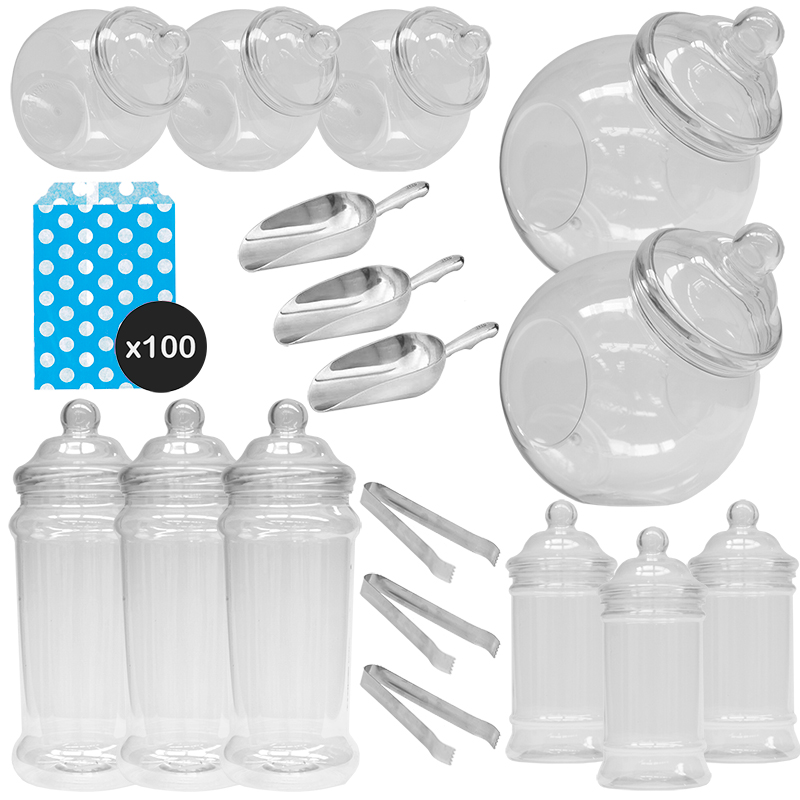 11 Retro Plastic Sweet Jar Candy Buffet Wedding Party Kit Scoops Tongs