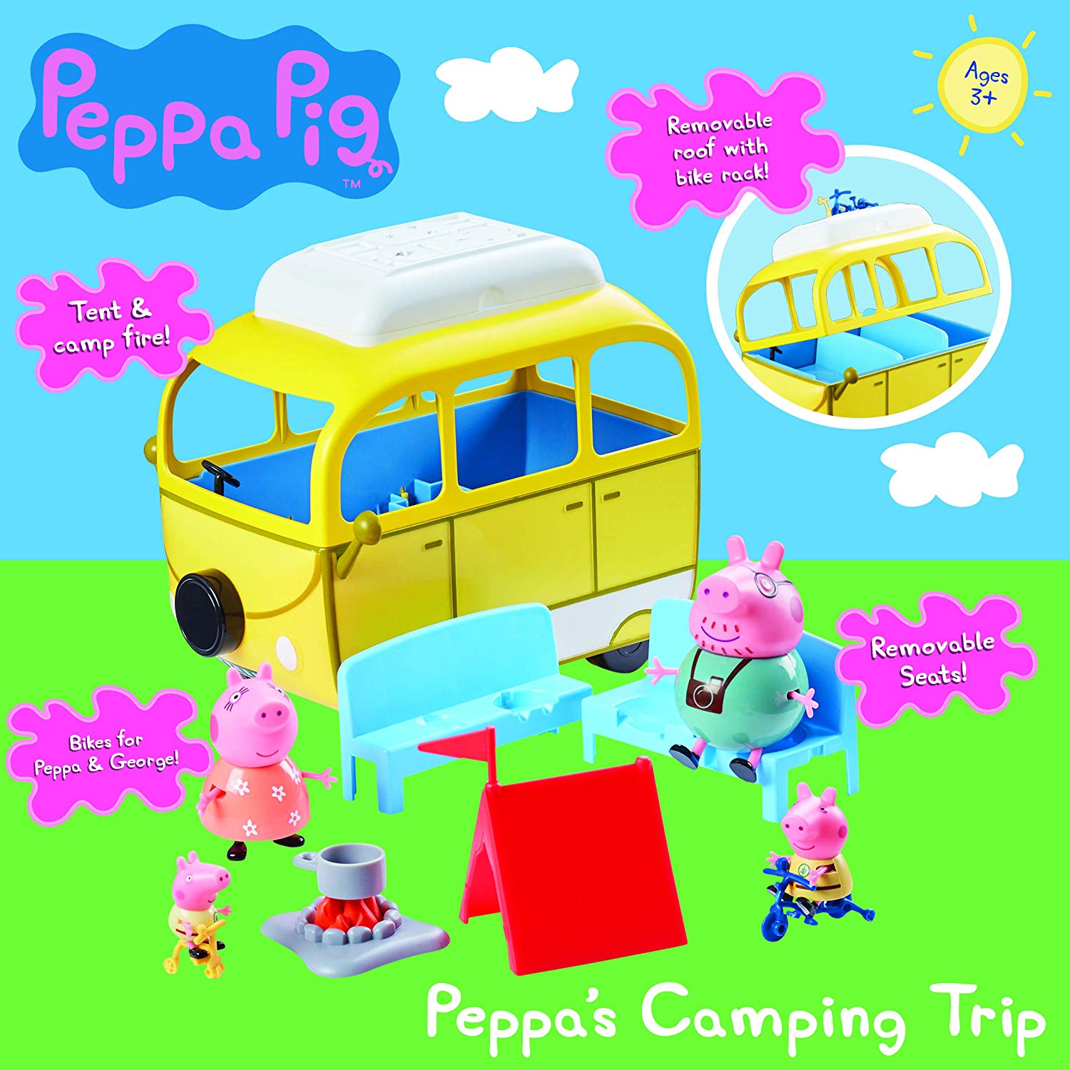 Peppa Pig Camping Trip Yellow Playset 4x Family Figures Tent Bikes 