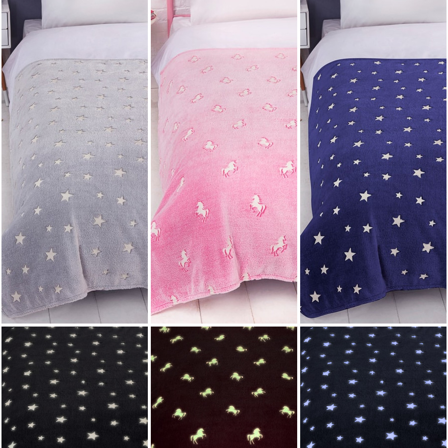 Pink Unicorn Kids Glow in the Dark Fleece Blanket Throw 100 x 150cm Grey Stars