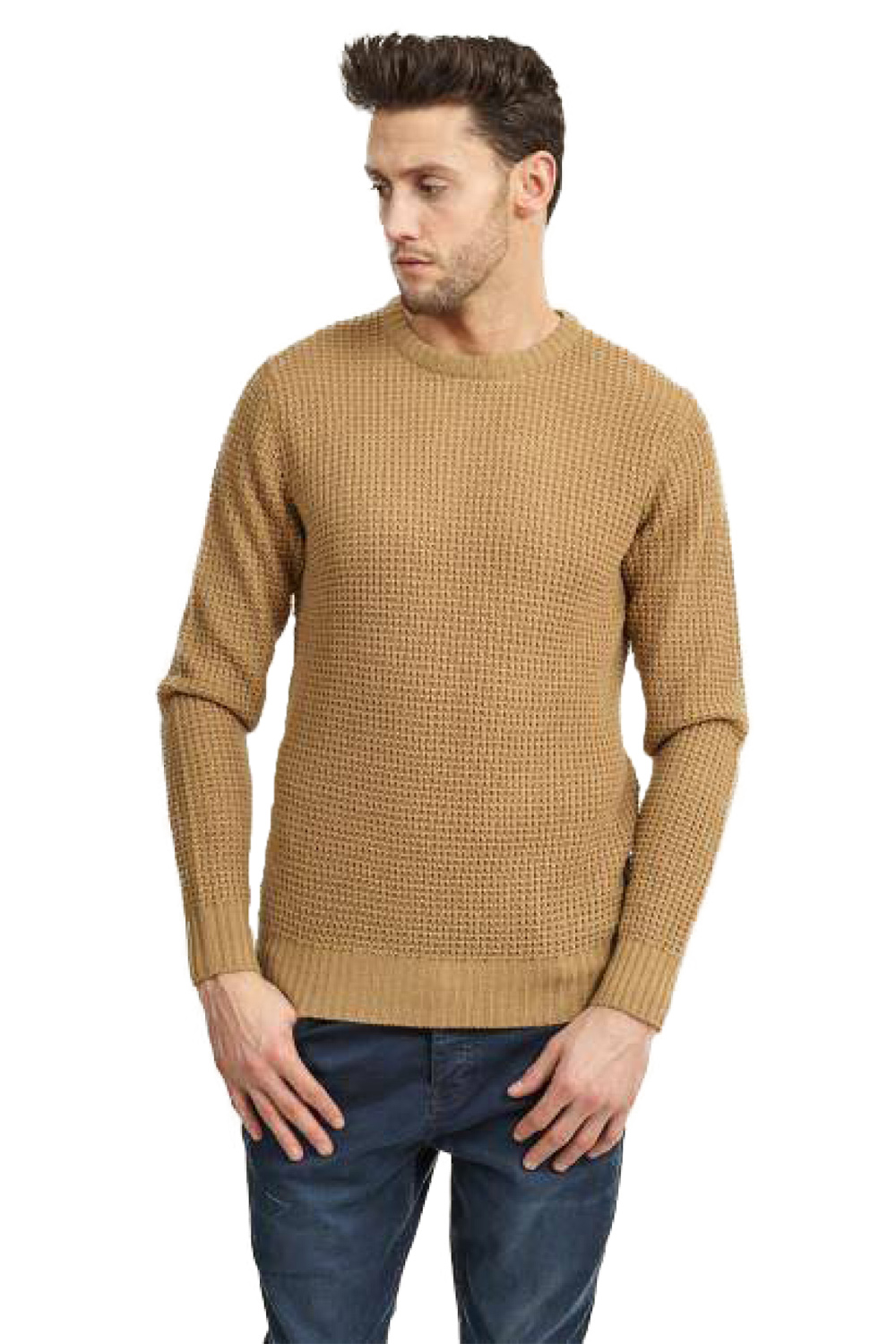 Brave Soul Mens Chunky Waffle Knit Jumper Classic Crew Neck Long Sleeve ...
