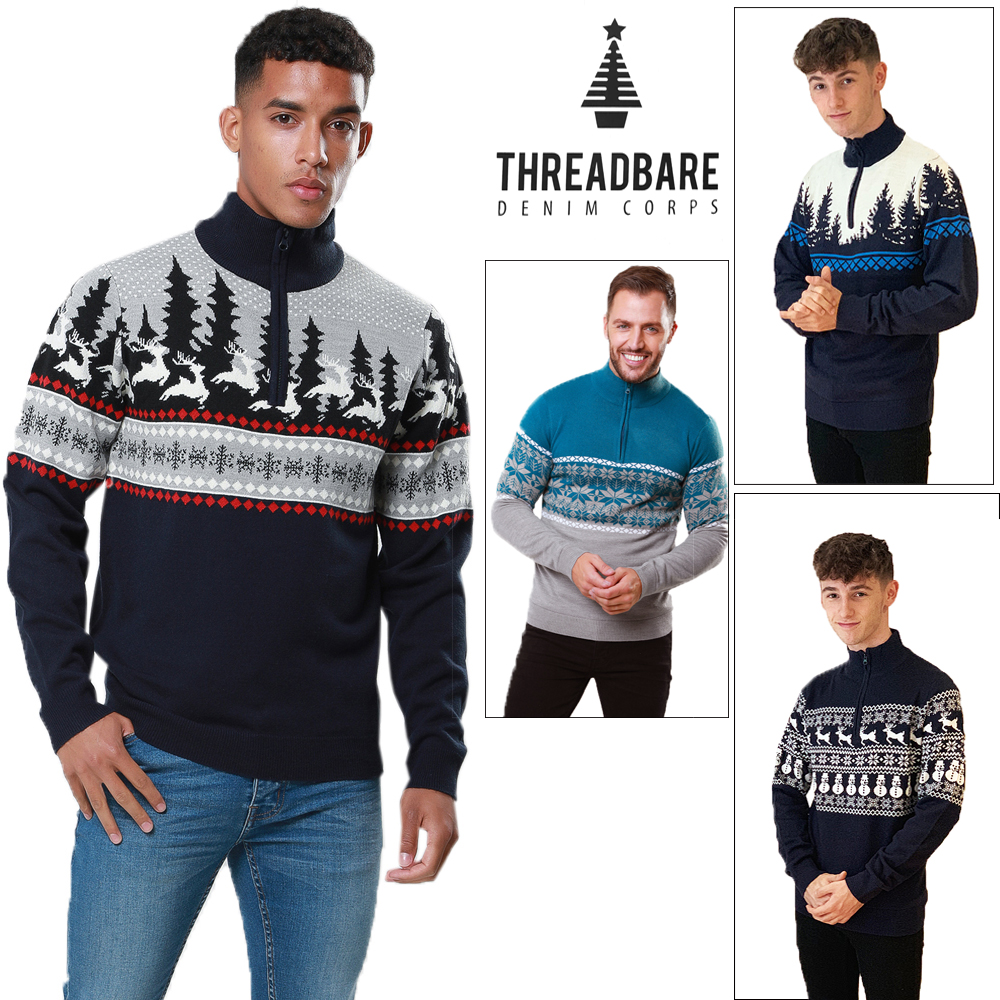 Threadbare Mens Christmas Jumper 1 4 Zip Funnel Neck Xmas Knit Sweater Pullover Ebay