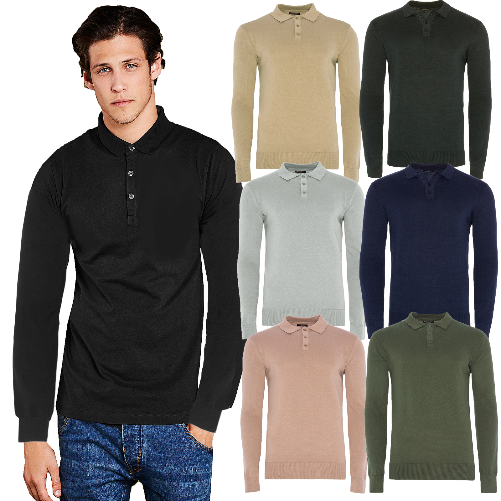Brave Soul Placket Mens Polo Shirt Long Sleeve Cotton Pique Knit Collared Jumper