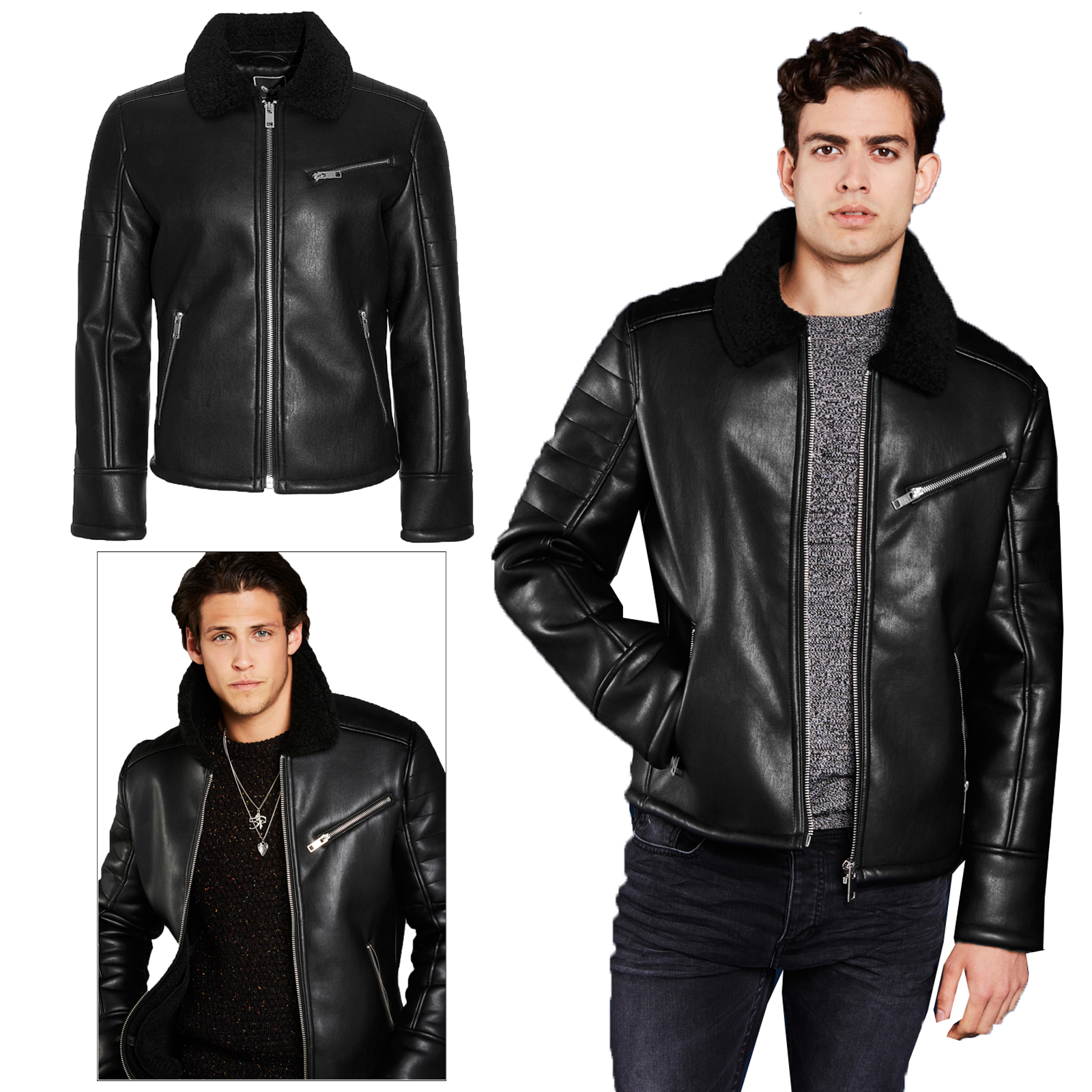 Brave Soul Hume V2 Mens Faux Leather Designer Aviator Sherpa Collar Brave Soul