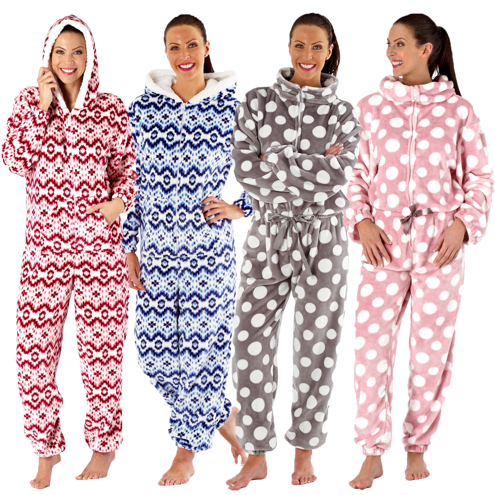 Womens Coral Fleece Nordic Print Onesie Or Ladies Luxurious Spotted All ...