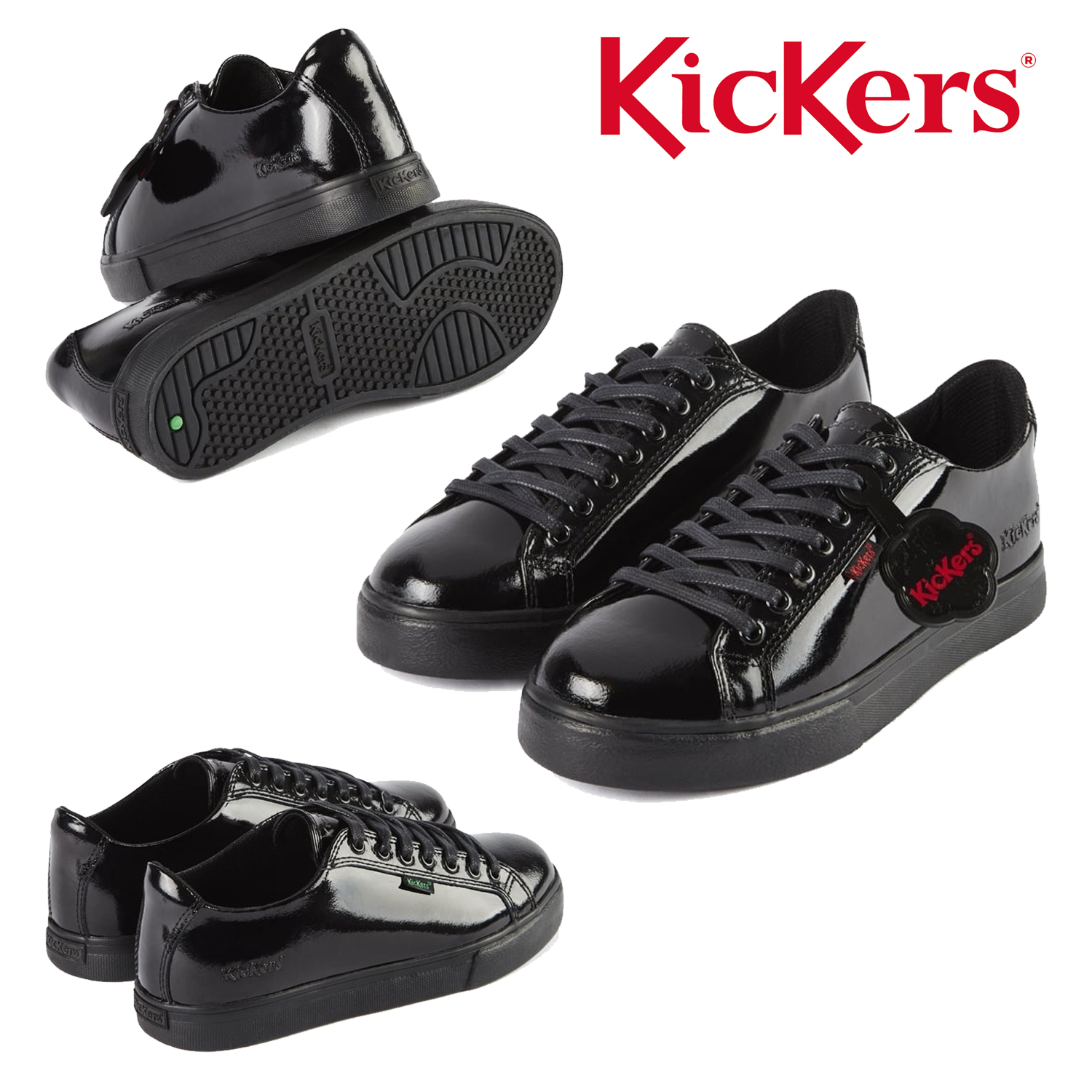 Kickers Tovni Lacer Teen Patent Leather Black Lace Up Back
