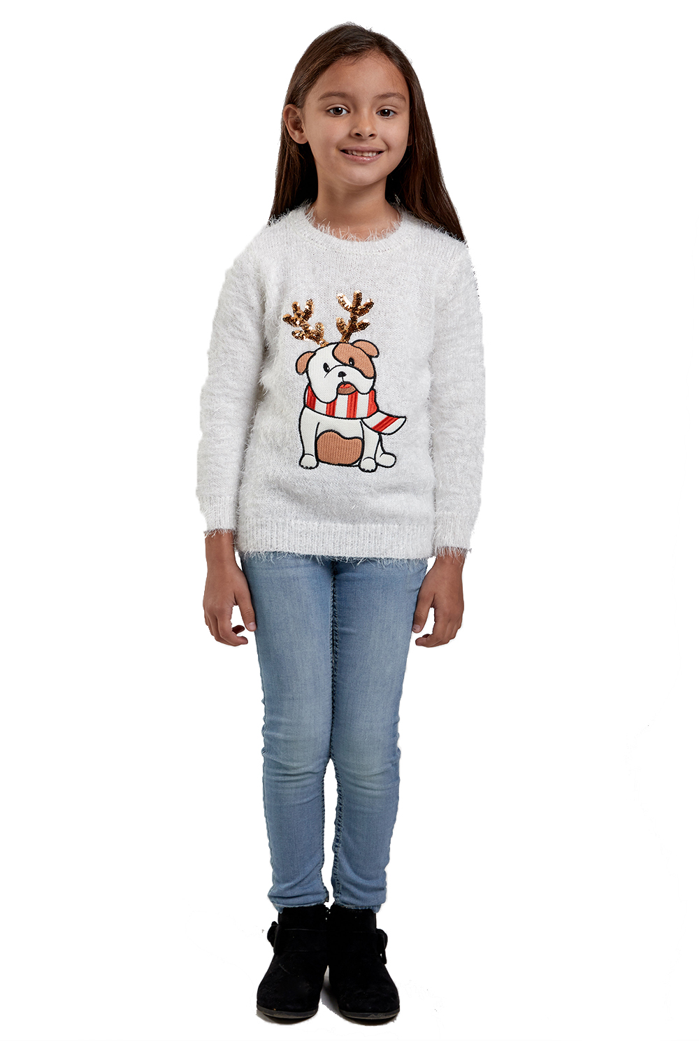 Seasons Greetings Matching Womens Girls Novelty Bulldog Christmas Knit Jumpers